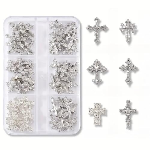 60 Pcs Kreuz Nagel Charms für Nagelkunst, 3D Metall Kristall Kreuz Nagel Dekorationen, Legierung Nagel Nieten und Strasssteine für Frauen Mädchen DIY Schmuck Handwerk Zubehör (Silber) von Symphonyw