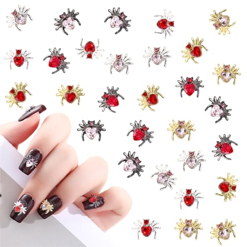 30 Stück Halloween Nail Charms, 3D Halloween Nagelkunst Edelsteine mit Strasssteine, Spinnen Gold Silber Black Nägel Schmuck für DIY Nageldesign (mix-b) von Symphonyw