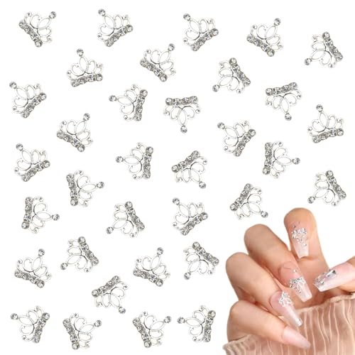 32 Stück Krone Nagel Schmuck, 3D Silber Nagel Charms Strasssteine, Matell Nagel Dekoration für Frauen Mädchen Nageldesign DIY (Silber c) von Symphonyw