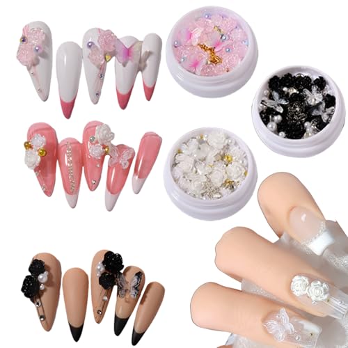 3D Blume Nagel Charms, Weiß Schwarz Rosa Acryl Kamelie Nail Art Charms Rose Schmetterling Nagel Strass Edelsteine Schmuck mit Mini Kaviar Perlen Perlen (Weiß+Schwarz+Rosa) von Symphonyw