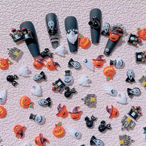 3D Halloween Nail Charms, 100 Stück Kürbis Geist Nagelanhänger, 3D Harz Nagel Charms Dekorations für Frauen Strasssteine Nägel Nail Design (Mixed) von Symphonyw