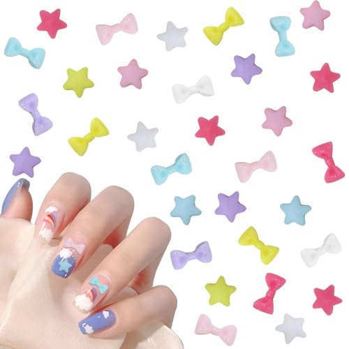 3D Schleifen Nagel Dekorations, 200 Stück Bow Nail art Charms, Nagelkunst Strasssteine Edelstein Nagelschmuck für Nail Art Design DIY Schmuckherstellung (Schleifen + Stern) von Symphonyw