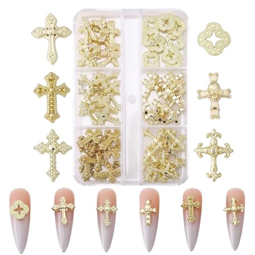 60 Pcs Kreuz Nagel Charms für Nagelkunst, 3D Metall Kristall Kreuz Nagel Dekorationen, Legierung Nagel Nieten und Strasssteine für Frauen Mädchen DIY Schmuck Handwerk Zubehör (B-Gold) von Symphonyw