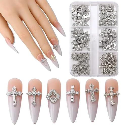 60 Pcs Kreuz Nagel Charms für Nagelkunst, 3D Metall Kristall Kreuz Nagel Dekorationen, Legierung Nagel Nieten und Strasssteine für Frauen Mädchen DIY Schmuck Handwerk Zubehör (B-Silber) von Symphonyw