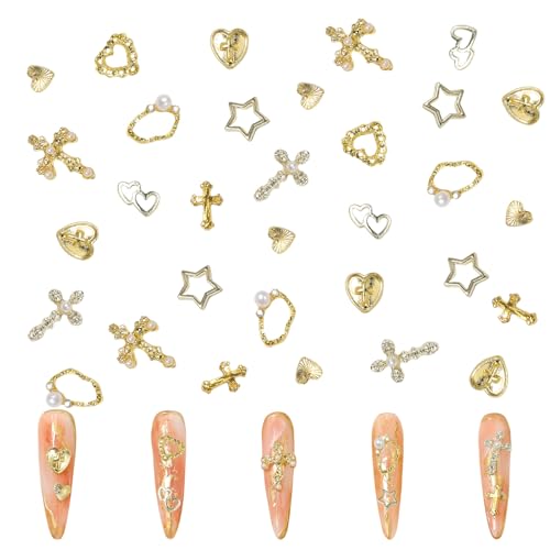 90 Stück Golden Charms für Nägel, 3D Metall Nagelkunst Design Herzen, Kreuze, Stern Metall Nagel Edelsteine Schmuck für DIY Maniküre Design Nageldekoration (90 Stück Golde) von Symphonyw