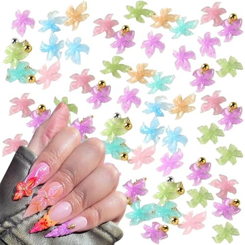 Blume Nagel Charms, 100 Stück 3D Hibiscus Nägel Zubehör Flower Nageldesign Glitzersteine Luminous Nagelkunst Strasssteine Nagel Edelsteine für Mädchen Frauen DIY Deko (Mehrfarbige+ Kaviarperlen) von Symphonyw