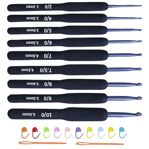 Ergonomische Häkelnadel Set, Blauem Griff Häkeln Stricken Nadeln Kit 2,0 mm - 6,0 mm, Häkelnadeln mit Nadeln und Stichmarkierungen für Arthritische Hände, Klobige Ergonomisch Metall Häkelnadelset von Symphonyw