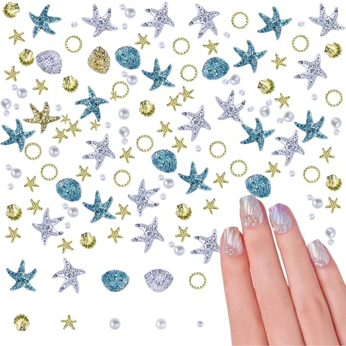 Gold Muschel Legierungen Nagel Charms, 200 Stück Ozeannieten Nagelschmuck mit Perlen, 3D Sommer Seesterne Shell Nail Art Dekoration Nail Shell (Gold Silber Blau) von Symphonyw