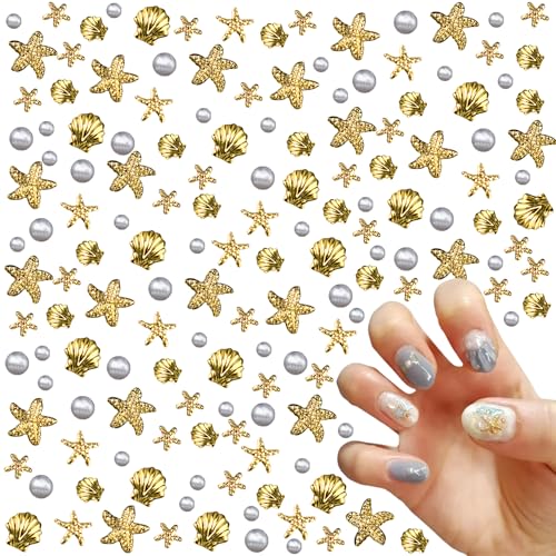 Gold Muschel Legierungen Nagel Charms, 600 Stück Ozeannieten Nagelschmuck mit Perlen, 3D Sommer Seesterne Shell Nail Art Dekoration Nail Shell (Gold + Perlen) von Symphonyw