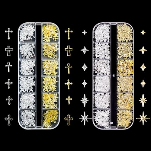 Gold Silber Stern Kreuz Nail Charms, 2 Boxen Metall Nagelkunst Dekorations, Legierung Glitzersteine Nagel Edelsteine Deko für Nageldesign Zubehör (Gold+ Silber C) von Symphonyw