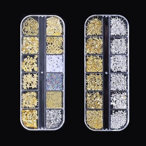 Gold Silber Stern Schleifen Nail Charms, 2 Boxen Metall Nagelkunst Dekorations, Legierung Glitzersteine Nagel Edelsteine Deko für Nageldesign Zubehör (Gold + Silber E) von Symphonyw