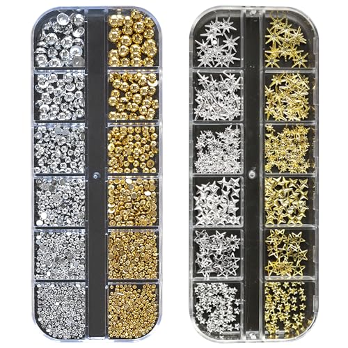 Gold Silber Stren Perlen Nail Charms, 2 Boxen Metall Nagelkunst Dekorations, Legierung Glitzersteine Nagel Edelsteine Deko für Nageldesign Zubehör (Gold+ Silber D) von Symphonyw