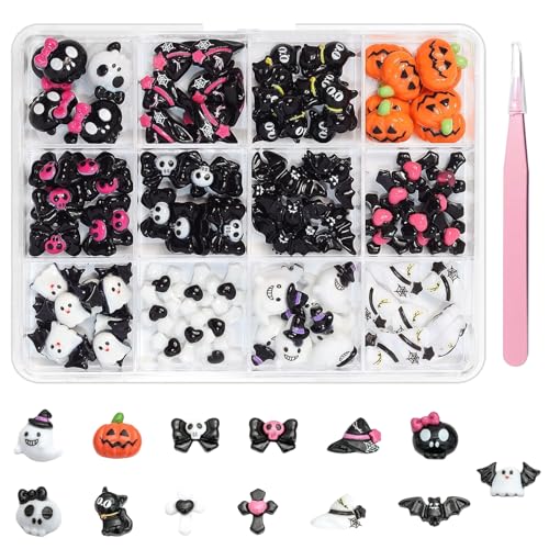 Halloween Nagel Charms, 96 Stück Kürbis Schleife Totenkopfhut Schleifen Kreuz Mix Harz Nagelschmuck Nageldekorationen, Cartoon Harz Nägelkunst Steine für Acryl Maniküre Zubehör von Symphonyw