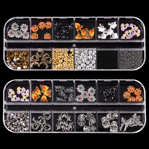 Halloween Nagelkunst Charms, 2 Boxen Kürbis Fledermäuse Spinnen Nagelanhänger mit Nagelperlen Strasssteinen, Geist Nagelsteine für Nagelzubehör, DIY-Bastelzubehör Halloween Nagelkunst Charms, 2 Boxen Kürbis Fledermäuse Spinnen Nagelanhänger mit Nagelperlen Strasssteinen, Geist Nagelsteine für Nagelzubehör, DIY-Bastelzubehör von Symphonyw