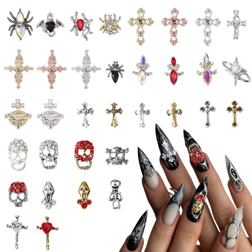 Halloween Nagelkunst Charms,68 Stk Legierung Schädel Spinne kreuzen Nagel Edelsteine Schmuck for Frauen Strasssteine Nägel Design Zubehör (Mix) von Symphonyw
