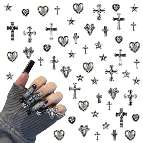 Kreuz Nagel Charms, 120 Stück Vintage Nagelkunst Dekorations, 3D Legierung Gothic Retro Punk Herzen Stern Nägel Edelsteine für Frauen Mädchen DIY Schmuck Handwerk Zubehör (A) von Symphonyw