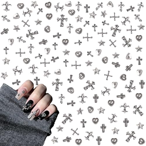 Kreuz Nagel Charms, 120 Stück Vintage Nagelkunst Dekorations, 3D Legierung Gothic Retro Punk Herzen Stern Nägel Edelsteine für Frauen Mädchen DIY Schmuck Handwerk Zubehör (B) von Symphonyw