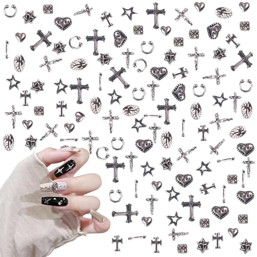 Kreuz Nagel Charms, 120 Stück Vintage Nagelkunst Dekorations, 3D Legierung Gothic Retro Punk Herzen Stern Nägel Edelsteine für Frauen Mädchen DIY Schmuck Handwerk Zubehör (C) von Symphonyw
