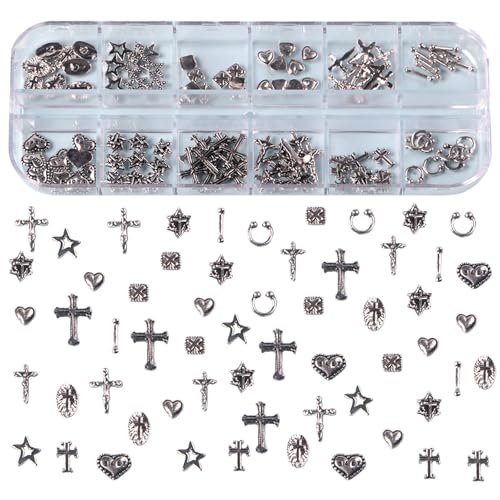 Kreuz Nagel Charms, 120 Stück Vintage Nagelkunst Dekorations, 3D Legierung Gothic Retro Punk Herzen Stern Nägel Edelsteine für Frauen Mädchen DIY Schmuck Handwerk Zubehör (C) von Symphonyw