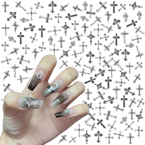 Kreuz Nagel Charms, 120 Stück Vintage Nagelkunst Dekorations, 3D Legierung Gothic Retro Punk Herzen Stern Nägel Edelsteine für Frauen Mädchen DIY Schmuck Handwerk Zubehör (E) von Symphonyw