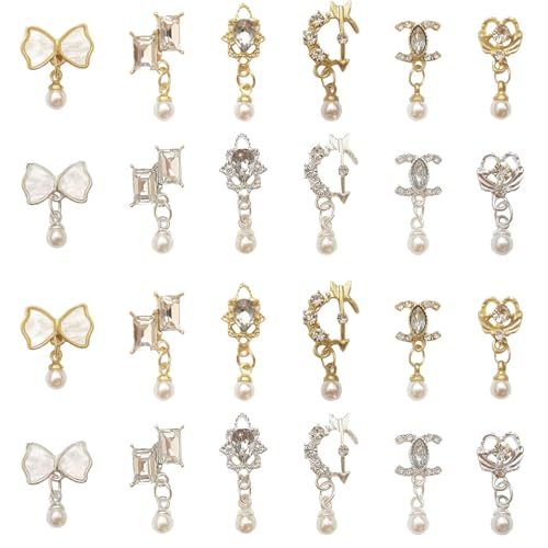 Luxus Diamant Nagel Charms, 24 STK Legierung Schleifen Nagelkunst Edelsteine, 3D Nail Art Charms Nageldesign Glitzersteine DIY Nail Art Zubehör Frauen nägel Deko von Symphonyw