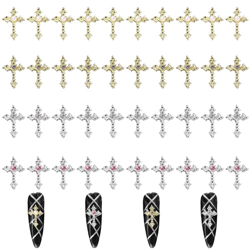 Nail Art Charms, 40 Stück Legierung Kreuz Nagel Dekorations, 3D Nagelschmuck Acryl Nagel Zubehör für Frauen Mädchen Nagel Dekoration (silber + gold) (B) von Symphonyw