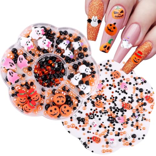 Nail Art Dekoration, 1 Box Kürbis Geist Nageldesign Zübehör Schwarz Orange Flatback Perlen Strasssteine, 3D Nägel Edelsteine Deko für Nail Art Design DIY Schmuckherstellung (C) von Symphonyw