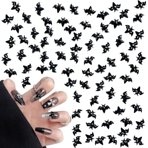 Schwarz Nail Charms, 120 Stück Halloween Fledermaus Nagelanhänger, 3D Harz Nagel Charms Dekorations für Frauen Strasssteine Nägel Nail Design (Schwarz) von Symphonyw