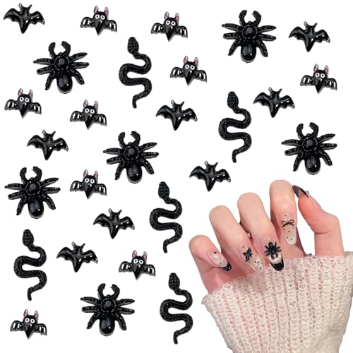 Schwarz Nail Charms, 120 Stück Halloween Fledermaus Nagelanhänger, 3D Harz Nagel Charms Dekorations für Frauen Strasssteine Nägel Nail Design (Schwarz 4 Stil) von Symphonyw