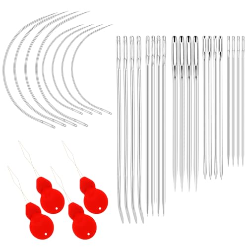 28 Stück Lange Hand Nähnadeln Gebogene Nähnadel Sticknadeln Ledernadel Sattlergarn Ledernadeln mit 4 Stück Nadeleinfädler, Leder Polsternadel Nähwerkzeug für Armband Schmuck und Schmuckherstellung von SynHHergyx