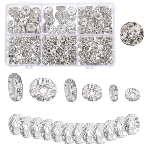 300 Stück silberfarbene Strass-Abstandshalter für Schmuckherstellung, 6/8/10 mm, Rondelle, Kristall-Abstandshalter mit großen Löchern für Armband, Halskette, Stifte, DIY Handwerk von SynHHergyx