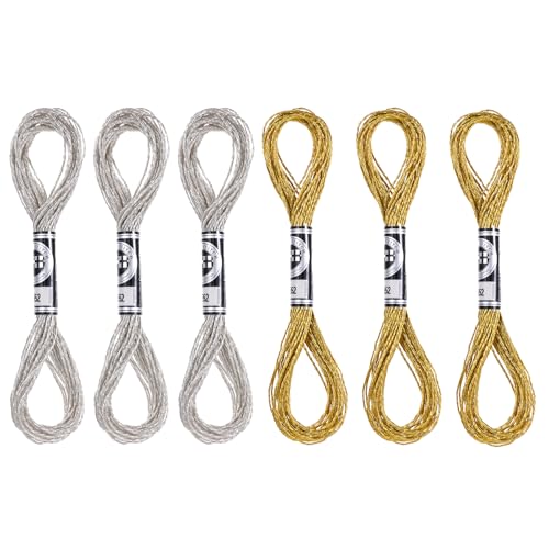 6 Stück Stickgarn, 8m Metallische Stickgarne Glitzernd Polyestergarn Kreuzstichgarn für Stickbilder, Freundschaftsarmbänder, DIY Handwerk (Gold, Silber) von SynHHergyx