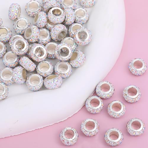 Diamantperlen mit großem Loch, Strass, europäische Perlen, großes Loch, Rondelle, Kristall-Haarperle, Strass, Abstandshalter für Zöpfe, Halsketten, Handwerk, Schmuckherstellung, 50 Stück (Farbe AB) Diamantperlen mit großem Loch, Strass, europäische Perlen, großes Loch, Rondelle, Kristall-Haarperle, Strass, Abstandshalter für Zöpfe, Halsketten, Handwerk, Schmuckherstellung, 50 Stück (Farbe AB) von SynHHergyx