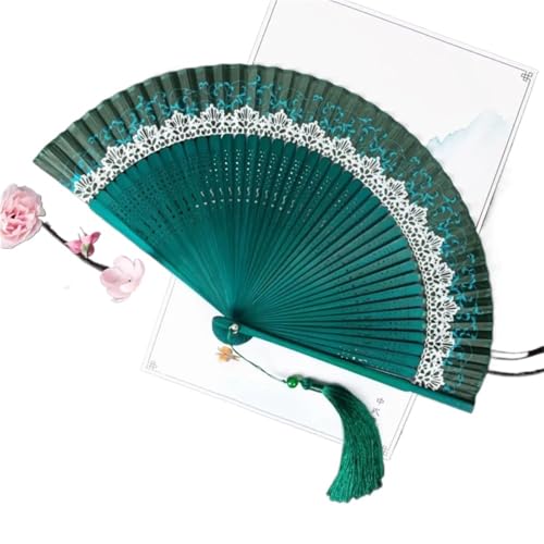 Hochzeitsfächer Antiker faltbarer Fächer, ändern die Farbe des Seidentuchs, Tanzfächer mit Quaste, Bambus-Tanz(Green) von SynapSYA
