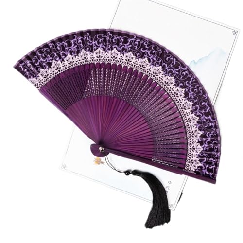 Hochzeitsfächer Antiker faltbarer Fächer, ändern die Farbe des Seidentuchs, Tanzfächer mit Quaste, Bambus-Tanz(Purple) von SynapSYA