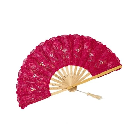 Hochzeitsfächer Spitzen-Faltfächer mit Quaste, hohlen Rippen, Vintage-Stil, Tanz-Performance, Party, Foto-Requisiten, Sommer-Handfächer(Rose Red) von SynapSYA