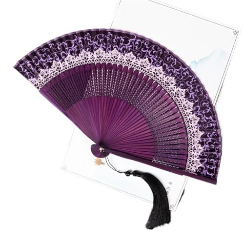 Hochzeitsfächer Vintage-Faltfächer aus Seide mit Holzschaft, klassischer Tanzfächer, Quaste, Druck, eleganter weiblicher Fächer, Heimdekoration(Color 7) von SynapSYA