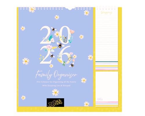 Familienkalender 2026 | 12-Monatskalender mit 5 Spalten | Monatsansicht | Wandbehang Notizblock mit Einkaufsliste | Teddy oder großer Bär (Bienen & Blumen) von Sync'T