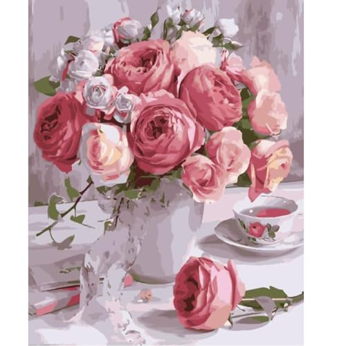 Syntego Malen nach Zahlen für Erwachsene, rosa Rosen mit Teetasse, Leinwand, Öl, Acrylgemälde, ca. 50 x 40 cm Syntego Malen nach Zahlen für Erwachsene, rosa Rosen mit Teetasse, Leinwand, Öl, Acrylgemälde, ca. 50 x 40 cm von Syntego