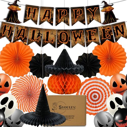 Syoulin-29Stück Halloween Deko Set, happy Halloween girlande Banner Dekoration Kinder/Erwachsener, Halloween Party Deko Indoor/Outdoor/garten,hängende Wabe (Hexenhut, Kürbis),Papierfächer für/Ballon Syoulin-29Stück Halloween Deko Set, happy Halloween girlande Banner Dekoration Kinder/Erwachsener, Halloween Party Deko Indoor/Outdoor/garten,hängende Wabe (Hexenhut, Kürbis),Papierfächer für/Ballon von Syoulin