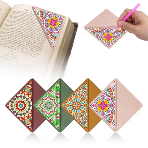 Syunyin 4 Stück Diamond Painting Lesezeichen mit Zubehör, 5D Diamantmalerei Lesezeichen für Erwachsene und Kinder, Bunte Leder Mandala Lotus Lesezeichen Bookmark (Mandala B) von Syunyin