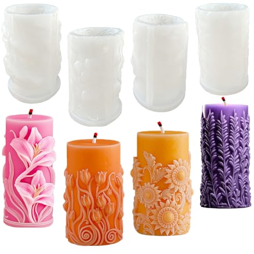 Syunyin 4 Stück Kerzenformen zum Gießen, Kerzenform Silikon DIY Kerzen Formen Silikon Blumen Zylinder Kerzen-Gießform Silikonformen, Kerzen Selber Machen Set Kerzengießform Groß von Syunyin