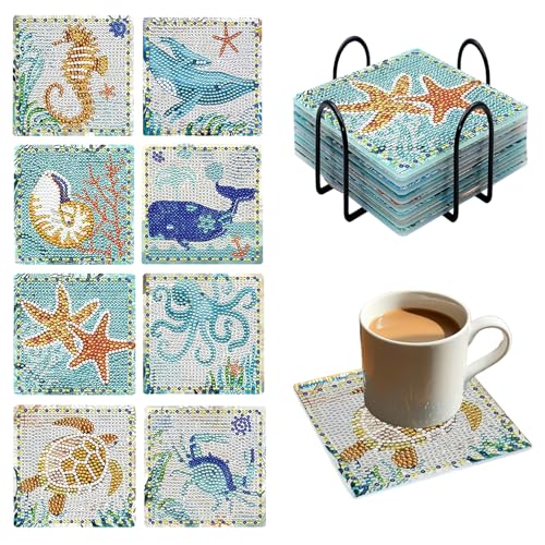 Syunyin Diamond Painting Untersetzer Set für Erwachsene, 8 Stück Untersetzer Diamond Painting Unterwasserwelt mit Halter, DIY Diamantmalerei Zubehör Basteln Diamant Tassenuntersetzer von Syunyin