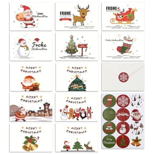 Syunyin Weihnachtskarten, 12 Stück Weihnachtskarten mit Umschlag Set, Klappkarten mit Briefumschlag Grußkarten Basteln Weihnachten Karte Postkarte, Frohe Weihnachten, 10 x 15 cm von Syunyin
