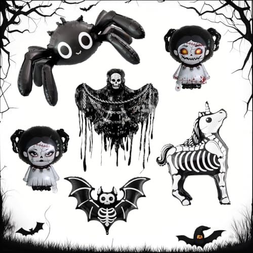 6 Stück Halloween Folienballons - Spinne, Totenkopf & Fledermaus Formen, festliche Dekoration für Halloween-Party, Zuhause & Spukhaus 6 Stück Halloween Folienballons - Spinne, Totenkopf & Fledermaus Formen, festliche Dekoration für Halloween-Party, Zuhause & Spukhaus von Syzplnwy