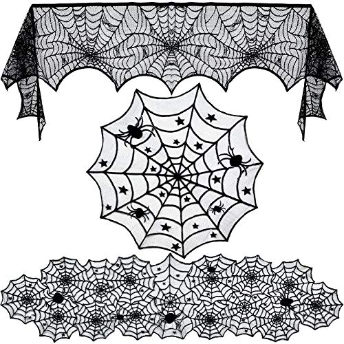 Syzplnwy Halloween-Dekorationen, schwarze Spitze, runde Tischdecke und Spinnennetz-Kaminschal, Set für gruselige Party-Dekoration, 3 Stück von Syzplnwy