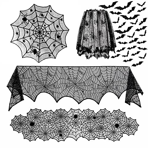 Syzplnwy Halloween-Dekorationsset, Spinnennetz-Tischläufer, Kaminschal, Lampenschirm, rundes Spitzentuch & 36 Stück 3D Fledermaus Wandaufkleber von Syzplnwy