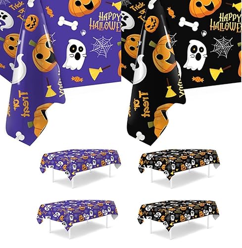 Syzplnwy Halloween Tischdecke Set Wasserdicht 220x130cm 4er Pack Kürbis Geist Fledermaus Design (2 Lila + 2 Schwarz) von Syzplnwy