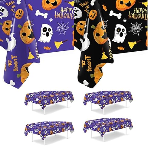 Syzplnwy Halloween Tischdecke Set Wasserdicht 220x130cm 4er Pack Kürbis Geist Fledermaus Design (4 Lila) von Syzplnwy