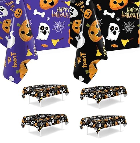 Syzplnwy Halloween Tischdecke Set Wasserdicht 220x130cm 4er Pack Kürbis Geist Fledermaus Design (4 Schwarz) von Syzplnwy